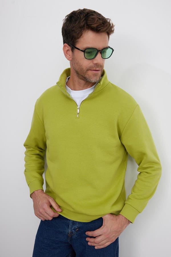 Unisex Relax Fit Rahat Kesim Pamuklu İçi Polarlı Yarım Fermuarlı Yeşil Dik Yaka Sweatshirt - Sweatshirtlerde - Tudors 1 Alana 1 Bedava