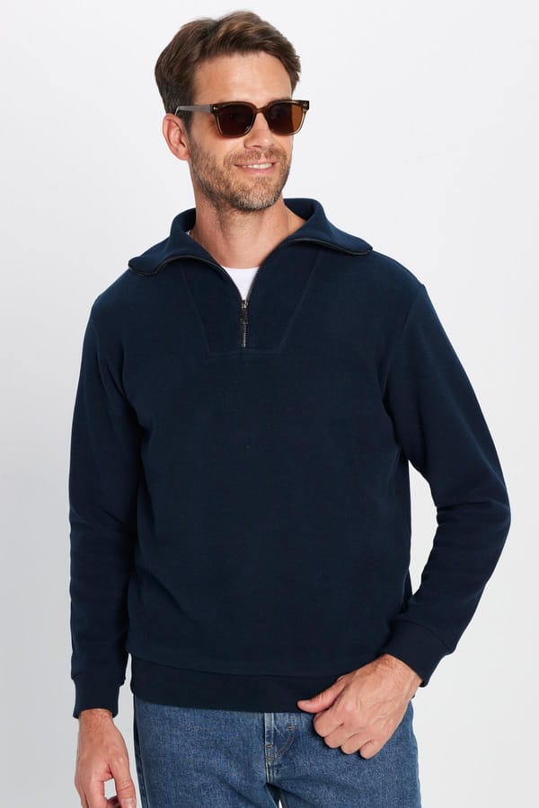 Unisex Relax Fit Rahat Kesim Fitilli Desenli Pamuklu Yarım Fermuarlı İndigo Dik Yaka Sweatshirt - Sweatshirtlerde - 1 Alana 1 Bedava