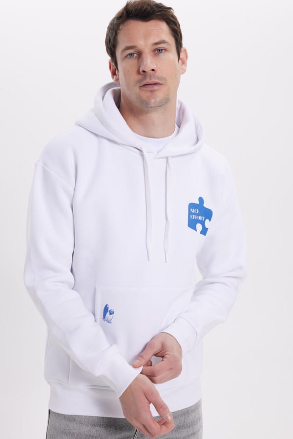 Unisex Oversize Geniş Kesim Pamuklu Yumuşak Dokulu İçi Polarlı Baskılı Beyaz Kapüşonlu Sweatshirt - Sweatshirtlerde - 1 Alana 1 Bedava