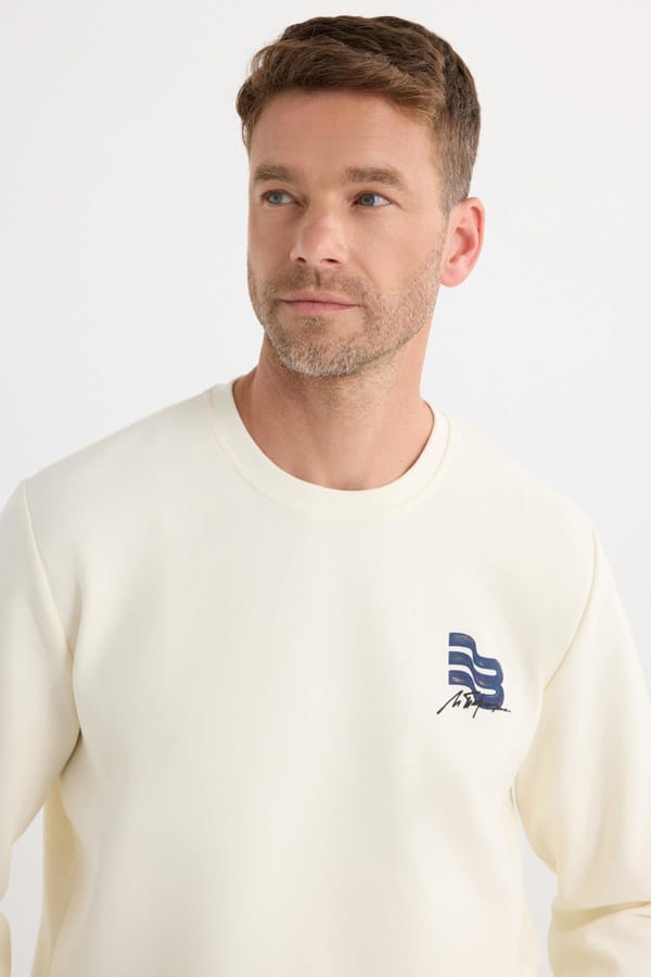Unisex Relax Fit Rahat Kesim Pamuklu Yumuşak Dokulu Bisklet Yaka İç Polarlı Baskılı Ekru Sweatshirt - Tudors 1 Alana 1 Bedava