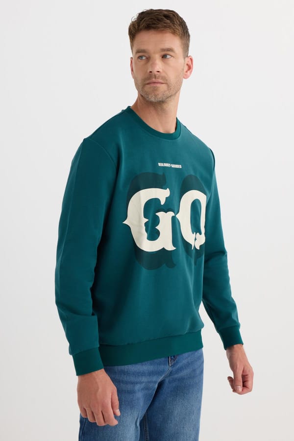 Erkek Relax Fit Rahat Kesim Pamuklu Lastikli Kol Bisiklet Yaka Baskılı Yeşil Sweatshirt - Sweatshirtlerde - 1 Alana 1 Bedava