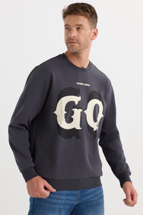Erkek Relax Fit Rahat Kesim Pamuklu Lastikli Kol Bisiklet Yaka Baskılı Antrasit Sweatshirt - Sweatshirtlerde - 1 Alana 1 Bedava
