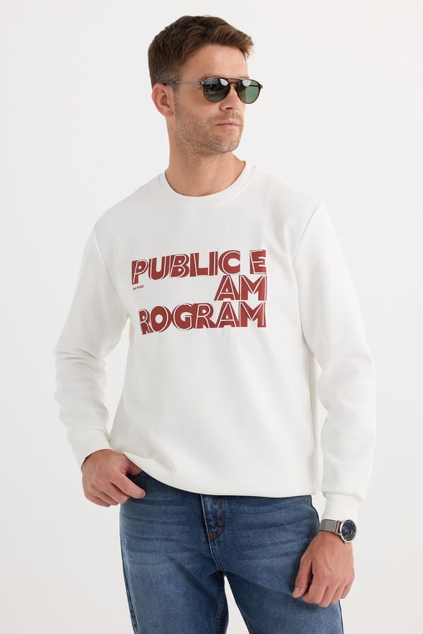 Unisex Oversize Geniş Kesim Pamuklu Yumuşak Dokulu İçi Polarlı Baskılı Beyaz Sweatshirt - Sweatshirtlerde - 1 Alana 1 Bedava