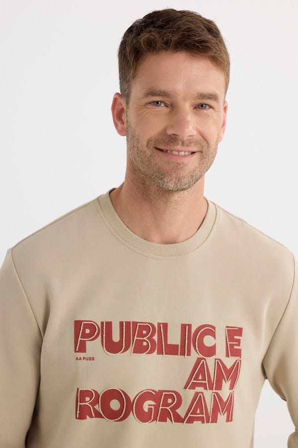Unisex Oversize Geniş Kesim Pamuklu Yumuşak Dokulu İçi Polarlı Baskılı Bej Sweatshirt - Sweatshirtlerde - Tudors 1 Alana 1 Bedava