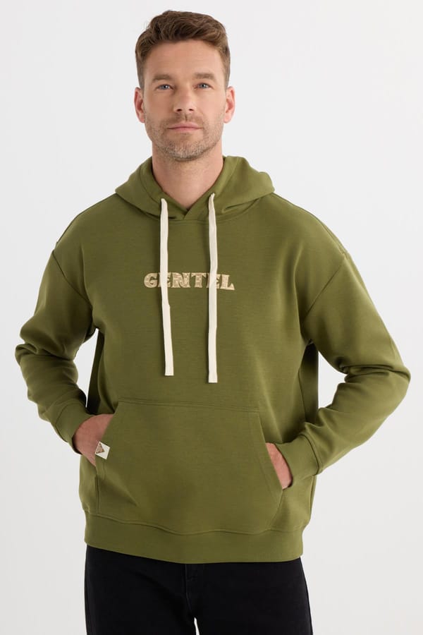 Erkek Oversize Geniş Kesim Pamuklu Baskılı Yeşil Kapüşonlu Sweatshirt - 1 Alana 1 Bedava
