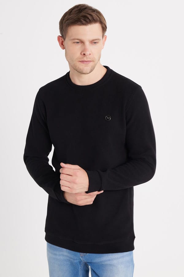 Erkek Slim Fit Dar Kesim Pamuklu Selanik Kumaş Bisiklet Yaka Siyah Sweatshirt - Sweatshirtlerde - 1 Alana 1 Bedava