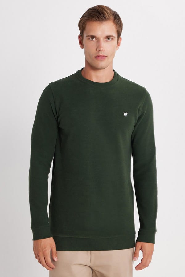 Erkek Slim Fit Dar Kesim Pamuklu Selanik Kumaş Bisiklet Yaka Yeşil Sweatshirt - Sweatshirtlerde - 1 Alana 1 Bedava