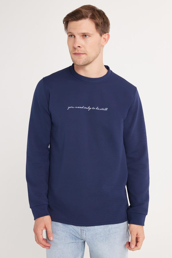 Erkek Standart Fit Pamuklu Bisiklet Yaka Şardonlu Baskılı İndigo Sweatshirt - 1 Alana 1 Bedava