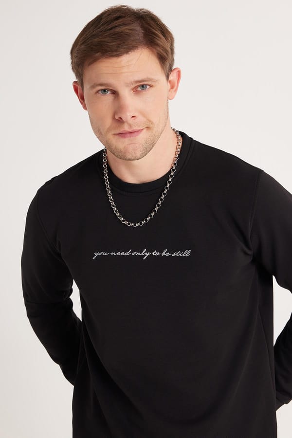 Erkek Standart Fit Pamuklu Bisiklet Yaka Şardonlu Baskılı Siyah Sweatshirt - 1 Alana 1 Bedava