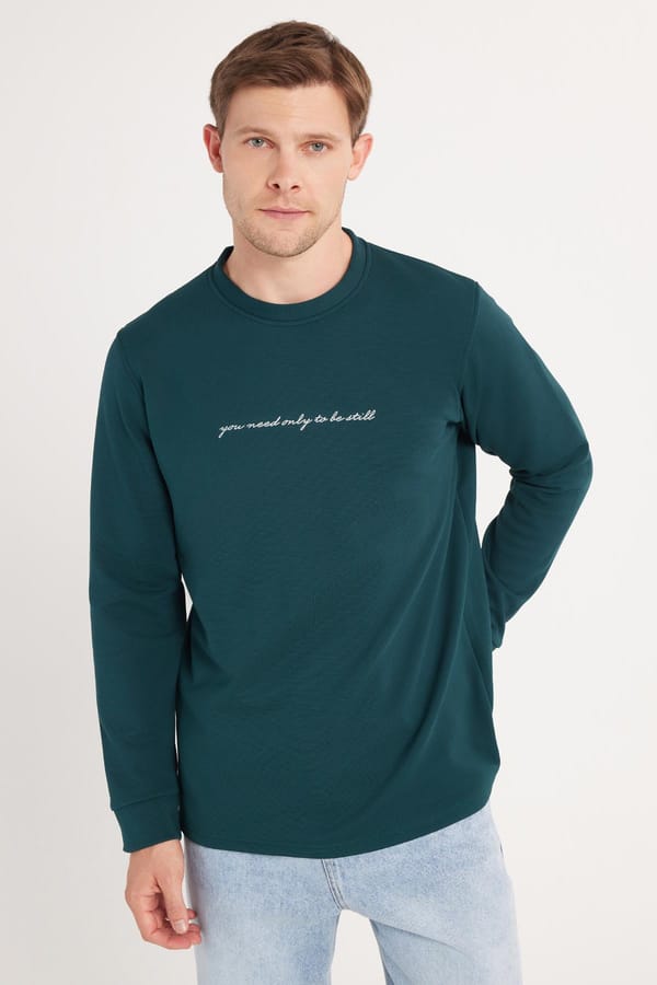 Erkek Standart Fit Pamuklu Bisiklet Yaka Şardonlu Baskılı Yeşil Sweatshirt - 1 Alana 1 Bedava