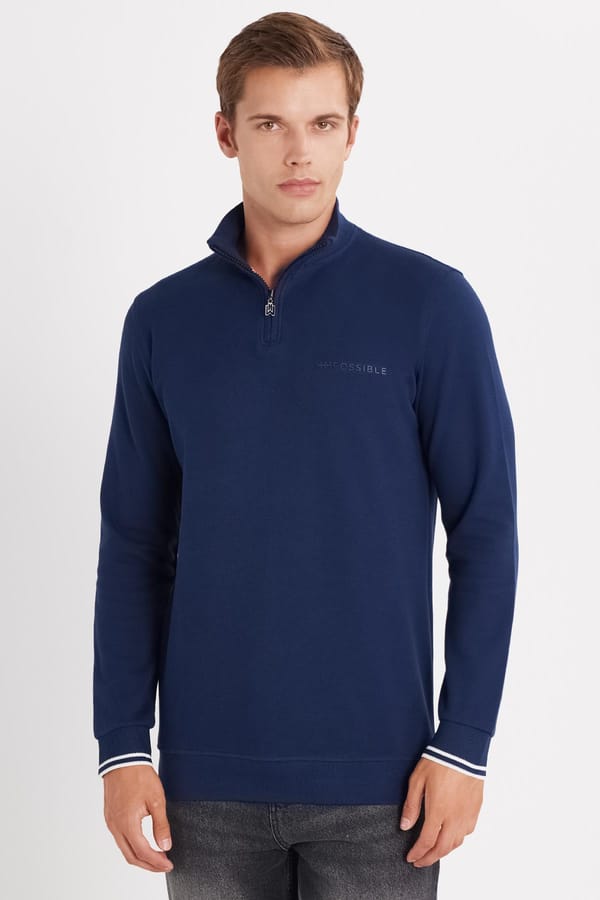 Erkek Slim Fit Dar Kesim Pamuklu Yarım Fermuarlı Dik Yaka Lacivert Sweatshirt - 1 Alana 1 Bedava