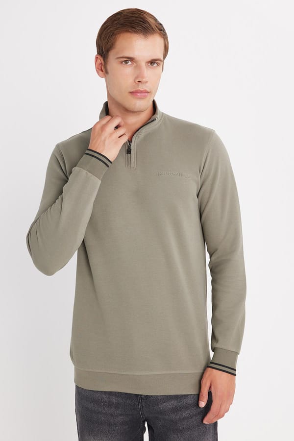 Erkek Slim Fit Dar Kesim Pamuklu Yarım Fermuarlı Dik Yaka Haki Sweatshirt - Tudors 1 Alana 1 Bedava