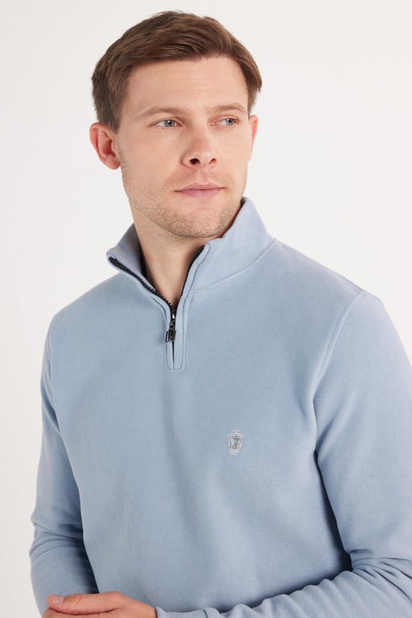 Erkek Slim Fit Dar Kesim Pamuklu Selanik Kumaş Yarım Fermuarlı Mavi Dik Yaka Sweatshirt - Sweatshirtlerde - Tudors 1 Alana 1 Bedava