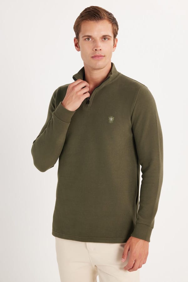 Erkek Slim Fit Dar Kesim Pamuklu Selanik Kumaş Yarım Fermuarlı Haki Dik Yaka Sweatshirt - Sweatshirtlerde - 1 Alana 1 Bedava