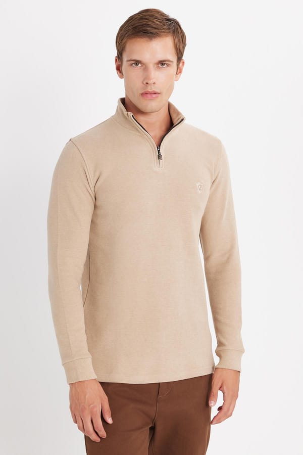 Erkek Slim Fit Dar Kesim Pamuklu Selanik Kumaş Yarım Fermuarlı Taş Dik Yaka Sweatshirt - Sweatshirtlerde - 1 Alana 1 Bedava