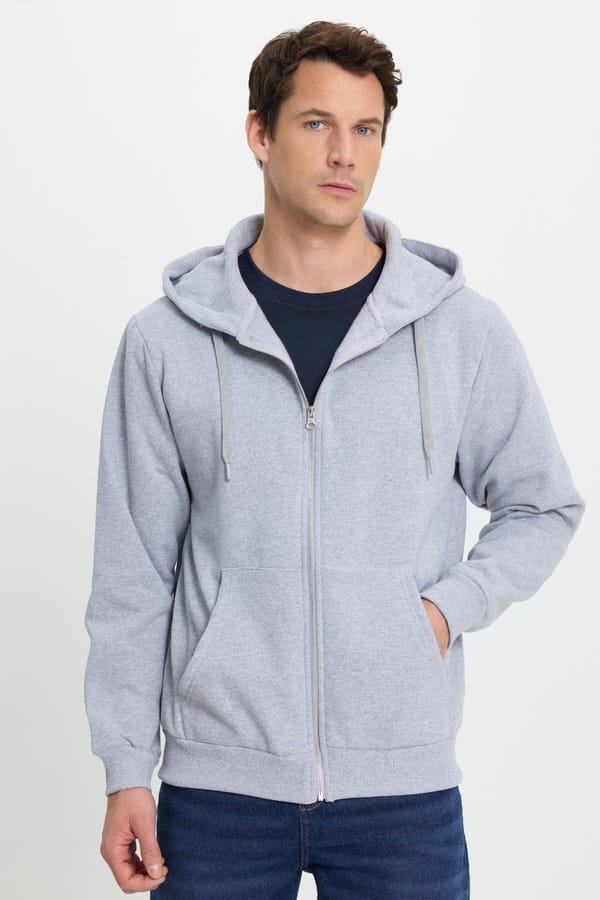 Unisex Relax Fit Rahat Kesim Pamuklu İçi Polarlı Çift Cepli Tam Fermuarlı Gri Kapüşonlu Sweatshirt - Sweatshirtlerde - 1 Alana 1 Bedava