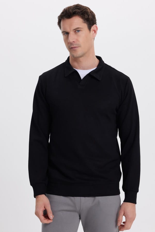 Erkek Relax Fit Rahat Kesim Polo V Yaka Siyah Sweatshirt - Sweatshirtlerde - 1 Alana 1 Bedava