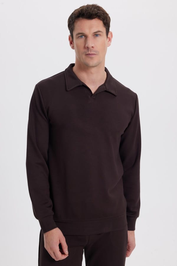 Erkek Relax Fit Rahat Kesim Polo V Yaka Kahverengi Sweatshirt - Sweatshirtlerde - Tudors 1 Alana 1 Bedava