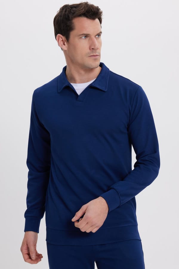 Erkek Relax Fit Rahat Kesim Polo V Yaka Açık Lacivert Sweatshirt - 1 Alana 1 Bedava