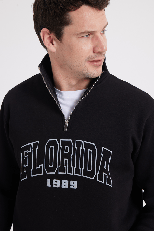 Erkek Relax Fit Rahat Kesim Pamuklu Yarım Fermuarlı Baskılı Siyah Sweatshirt - 1 Alana 1 Bedava