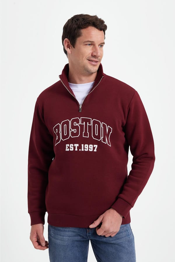 Erkek Relax Fit Rahat Kesim Pamuklu Yarım Fermuarlı Baskılı Bordo Sweatshirt - 1 Alana 1 Bedava
