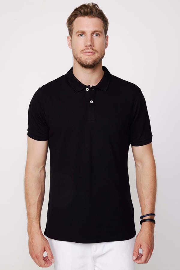 Erkek Slim Fit Dar Kesim %100 Pamuk Düz Pike Siyah Polo Yaka Tişört - Tişörtlerde - 1 Alana 1 Bedava