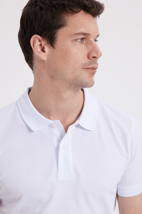 Erkek Slim Fit Dar Kesim %100 Pamuk Düz Pike Beyaz Polo Yaka Tişört - 1 Alana 1 Bedava