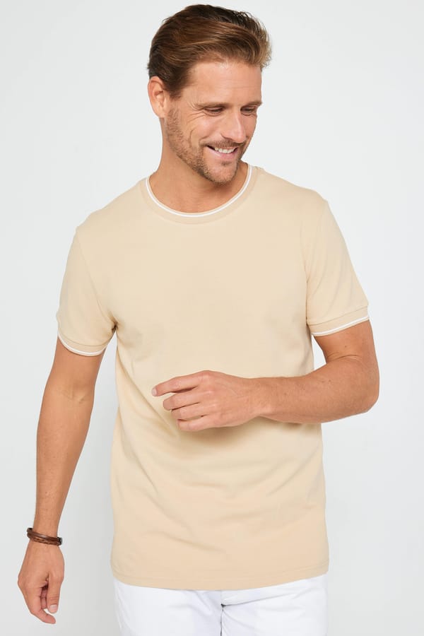 Erkek Slim Fit Dar Kesim %100 Pamuk Düz Pike Kum Rengi Bisiklet Yaka Tişört - Tişörtlerde - 1 Alana 1 Bedava