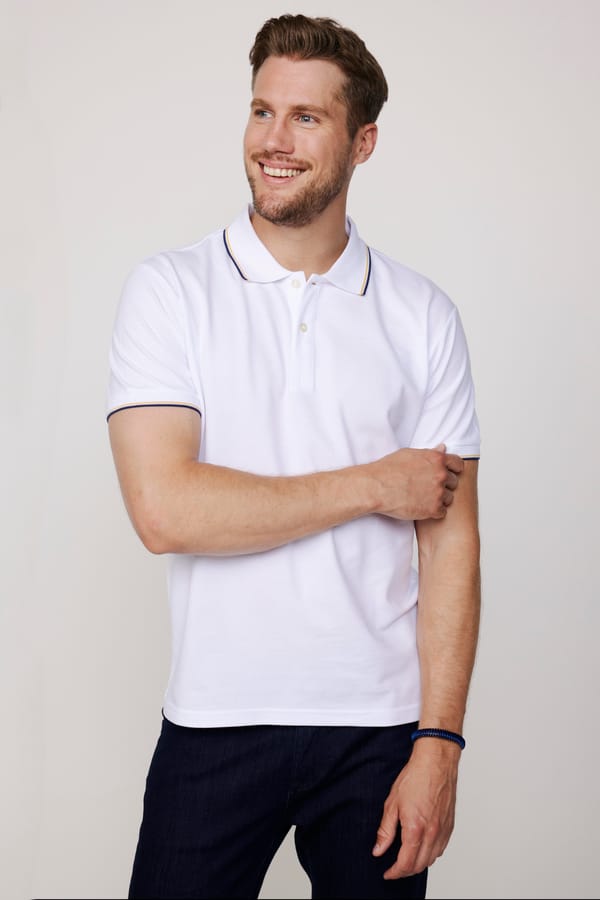Erkek Slim Fit Dar Kesim %100 Pamuk Düz Pike Kol Şeritli Beyaz Polo Yaka Tişört - 1 Alana 1 Bedava