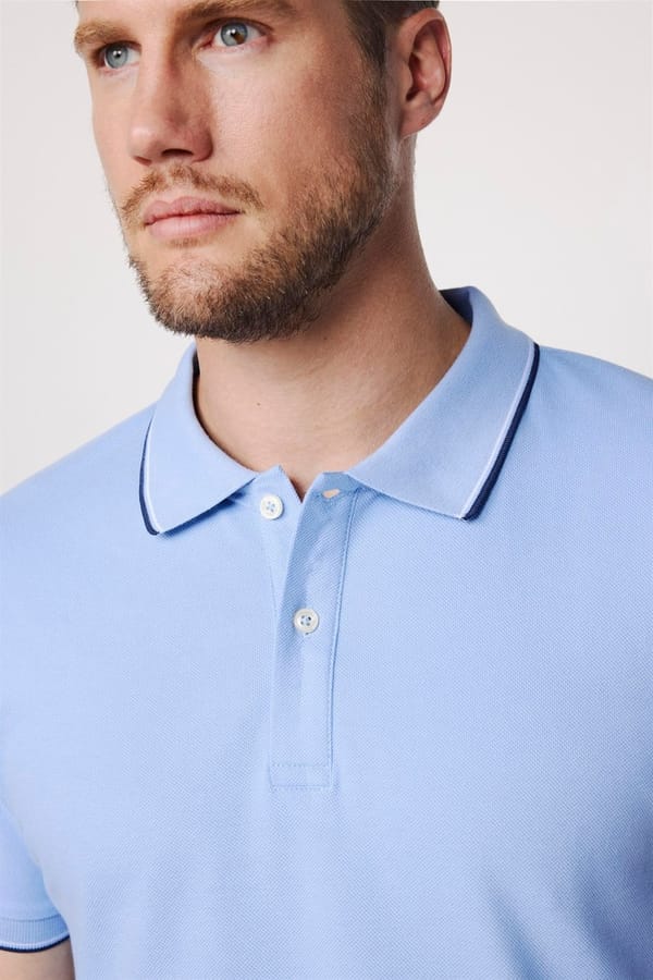 Erkek Slim Fit Dar Kesim %100 Pamuk Düz Pike Kol Şeritli Mavi Polo Yaka Tişört - Tişörtlerde - Tudors 1 Alana 1 Bedava