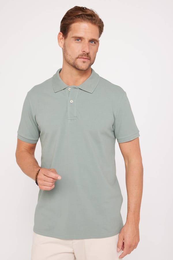 Erkek Slim Fit Dar Kesim %100 Pamuk Düz Pike Yeşil Polo Yaka Tişört - Tişörtlerde - 1 Alana 1 Bedava