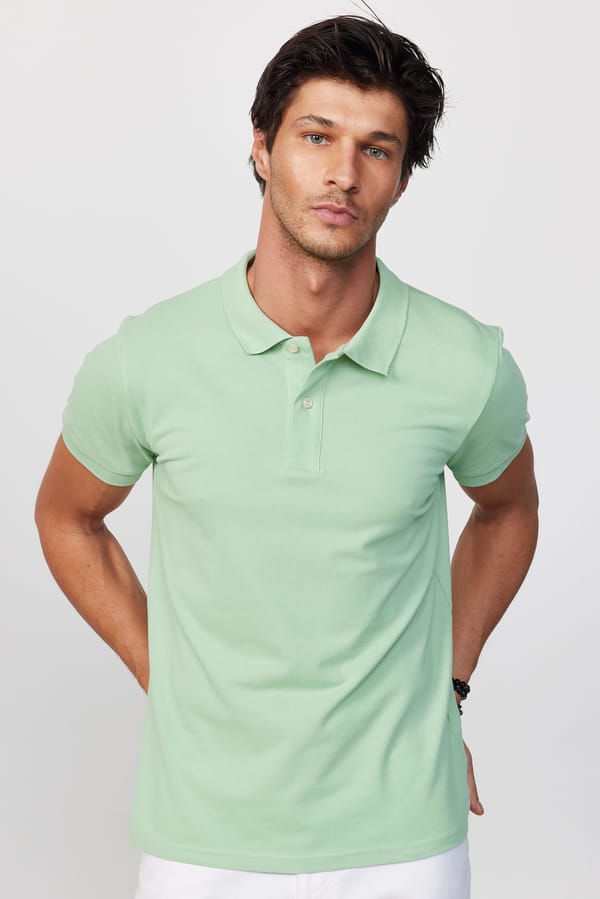Erkek Slim Fit Dar Kesim %100 Pamuk Düz Pike Yeşil Polo Yaka Tişört - Tişörtlerde - 1 Alana 1 Bedava
