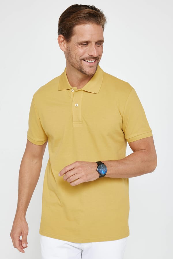 Erkek Slim Fit Dar Kesim %100 Pamuk Düz Pike Hardal Polo Yaka Tişört - Tişörtlerde - 1 Alana 1 Bedava