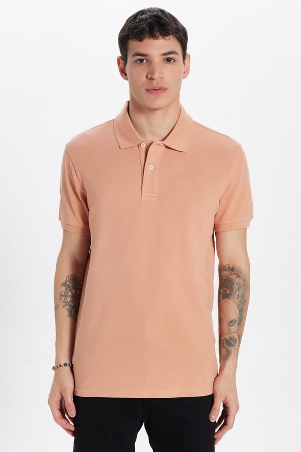 Erkek Slim Fit Dar Kesim %100 Pamuk Somon Polo Yaka Tişört - Tişörtlerde - 1 Alana 1 Bedava