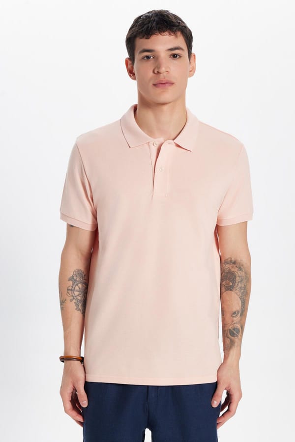 Erkek Slim Fit Dar Kesim %100 Pamuk Somon Polo Yaka Tişört - Tişörtlerde - 1 Alana 1 Bedava