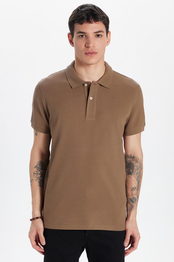 Erkek Slim Fit Dar Kesim %100 Pamuk Kahverengi Polo Yaka Tişört - Tişörtlerde - 1 Alana 1 Bedava