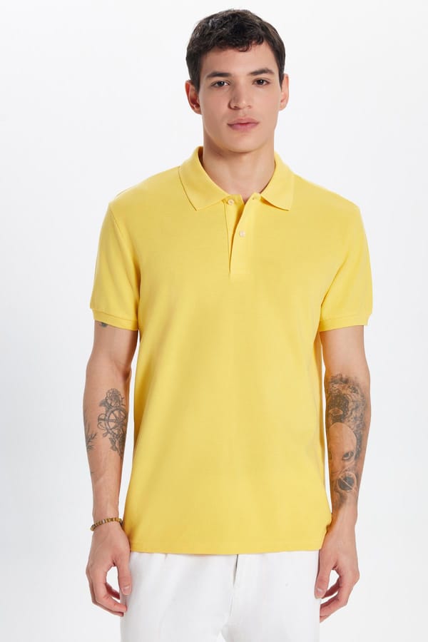 Erkek Slim Fit Dar Kesim %100 Pamuk Sarı Polo Yaka Tişört - Tişörtlerde - 1 Alana 1 Bedava