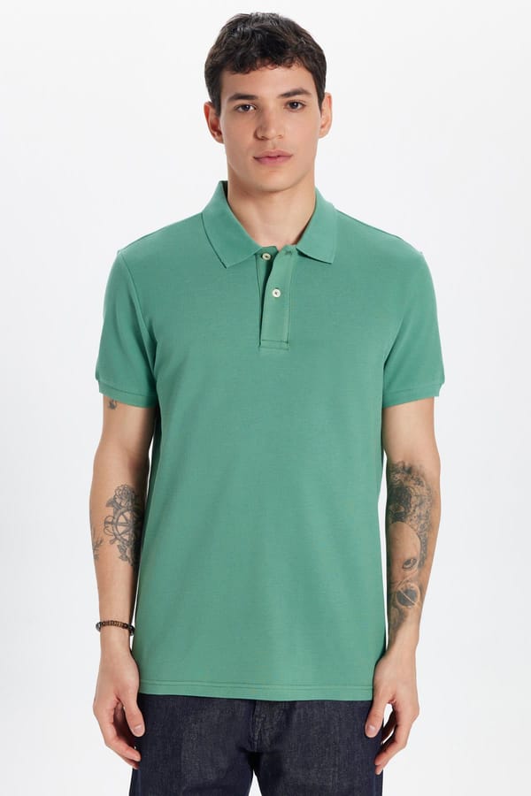 Erkek Slim Fit Dar Kesim %100 Pamuk Yeşil Polo Yaka Tişört - Tişörtlerde - 1 Alana 1 Bedava