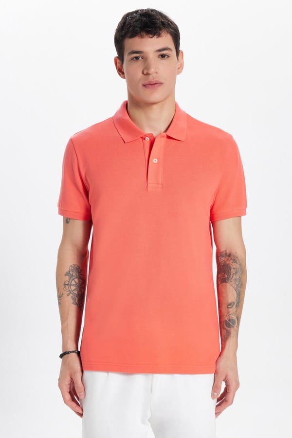 Erkek Slim Fit Dar Kesim %100 Pamuk Mercan Polo Yaka Tişört - Tişörtlerde - 1 Alana 1 Bedava