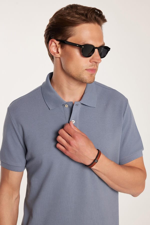Erkek Slim Fit Dar Kesim %100 Pamuk Füme Polo Yaka Tişört - 1 Alana 1 Bedava