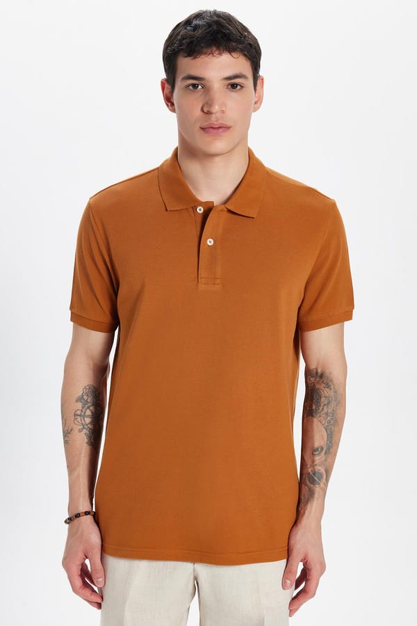 Erkek Slim Fit Dar Kesim %100 Pamuk Kahverengi Polo Yaka Tişört - Tişörtlerde - 1 Alana 1 Bedava