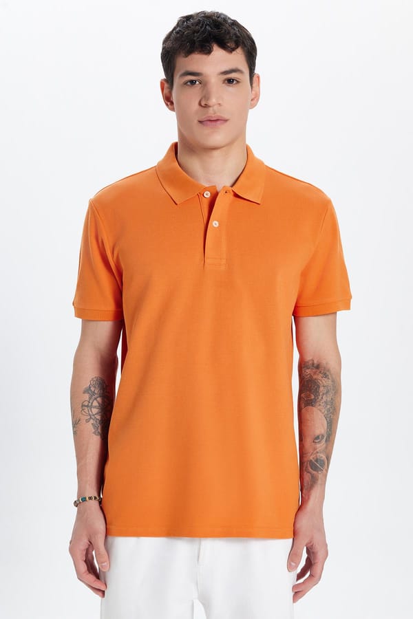 Erkek Slim Fit Dar Kesim %100 Pamuk Turuncu Polo Yaka Tişört - 1 Alana 1 Bedava