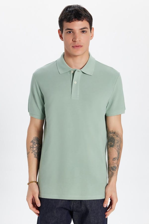 Erkek Slim Fit Dar Kesim %100 Pamuk Yeşil Polo Yaka Tişört - Tişörtlerde - 1 Alana 1 Bedava
