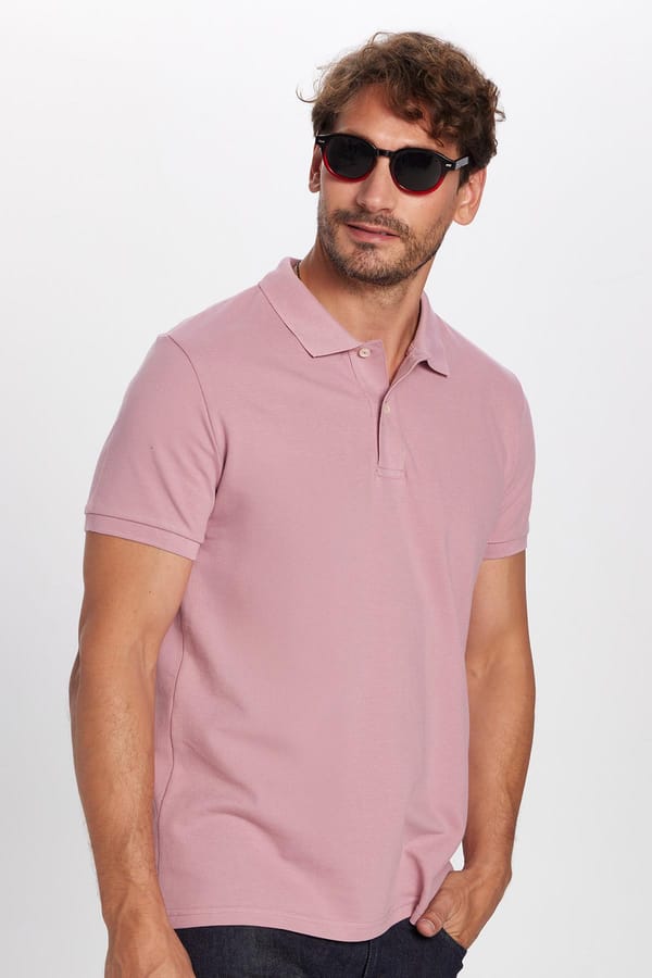 Erkek Slim Fit Dar Kesim %100 Pamuk Gül Kurusu Polo Yaka Tişört - 1 Alana 1 Bedava
