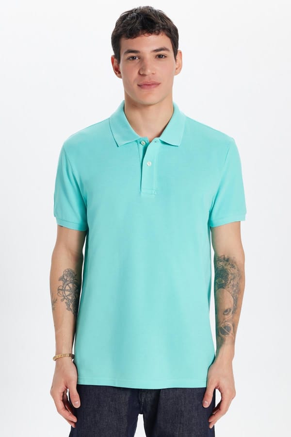 Erkek Slim Fit Dar Kesim %100 Pamuk Yeşil Polo Yaka Tişört - Tişörtlerde - 1 Alana 1 Bedava