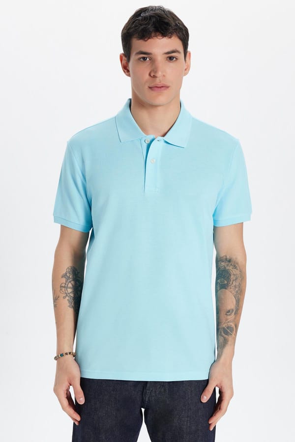 Erkek Slim Fit Dar Kesim %100 Pamuk Mavi Polo Yaka Tişört - Tişörtlerde - 1 Alana 1 Bedava