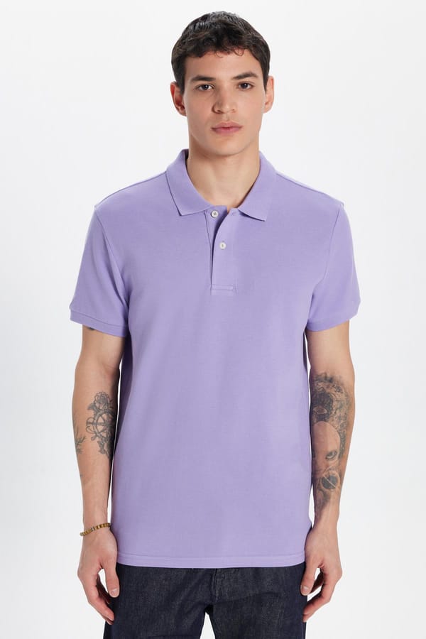 Erkek Slim Fit Dar Kesim %100 Pamuk Eflatun Polo Yaka Tişört - Tişörtlerde - 1 Alana 1 Bedava