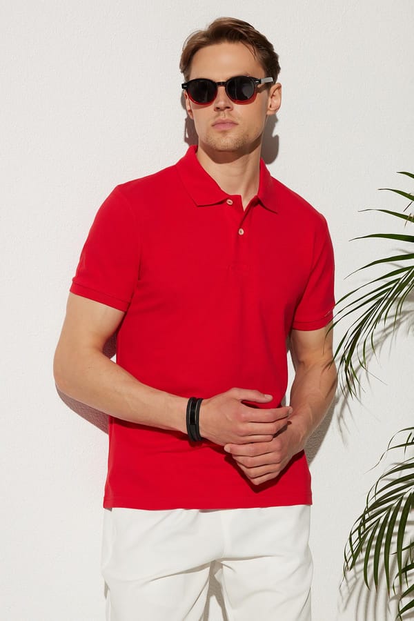 Erkek Slim Fit Dar Kesim %100 Pamuk Kırmızı Polo Yaka Tişört - Tişörtlerde - 1 Alana 1 Bedava