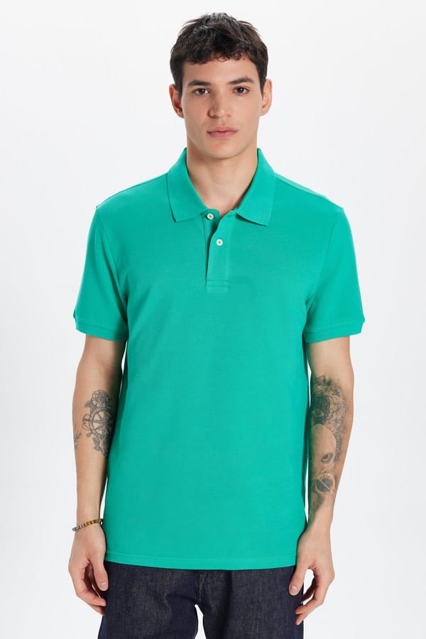 Erkek Slim Fit Dar Kesim %100 Pamuk Yeşil Polo Yaka Tişört - Tişörtlerde - 1 Alana 1 Bedava