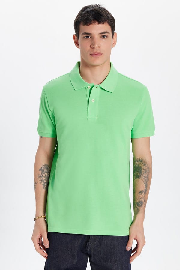 Erkek Slim Fit Dar Kesim %100 Pamuk Yeşil Polo Yaka Tişört - Tişörtlerde - 1 Alana 1 Bedava